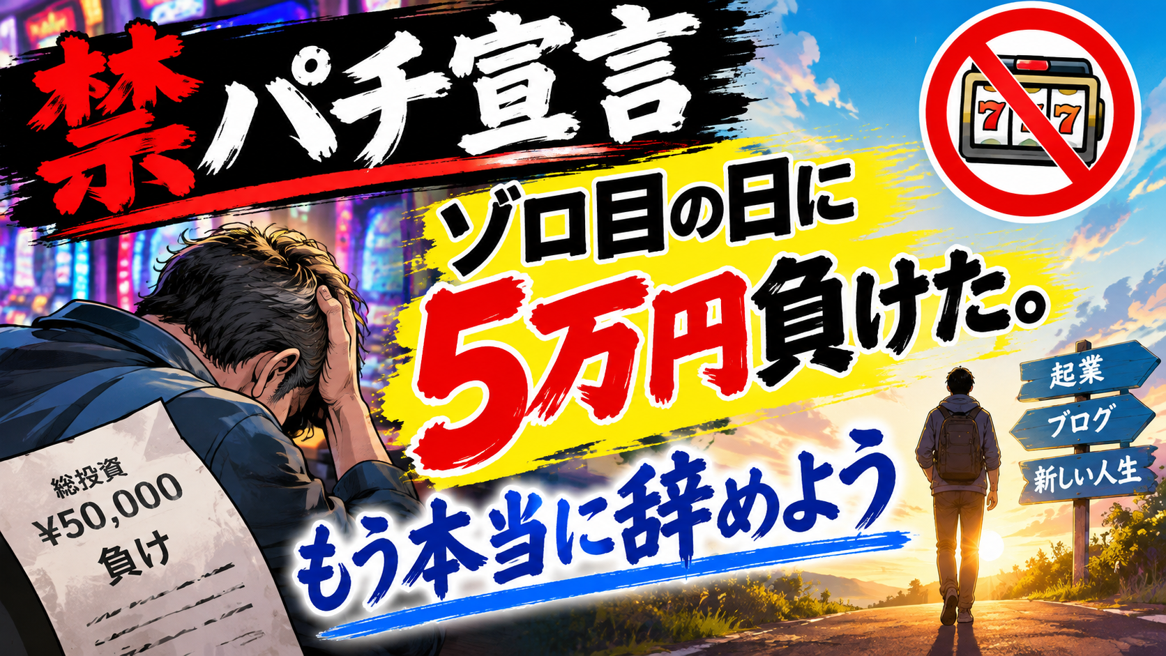 パチンコで5万円負け、禁パチと起業に向けた再出発を決意するイラスト